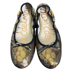 Sam Edelman Felicia Ballet Flats Metallic Gold Floral Jacquard Bow Women's 9.5